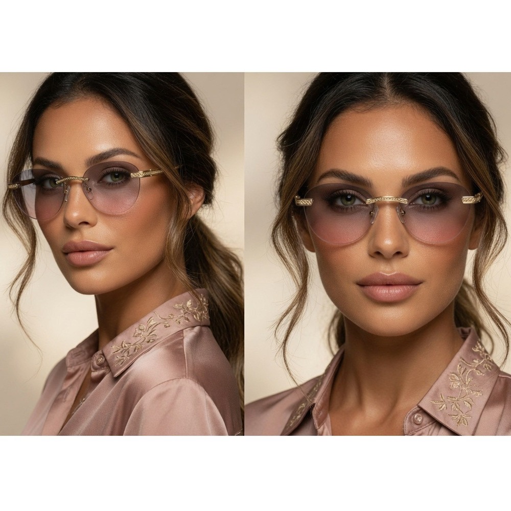 Womens Rimless Round Sunglasses Gold Metal Purple Pink Gradient‎ Lens Y2K Retro